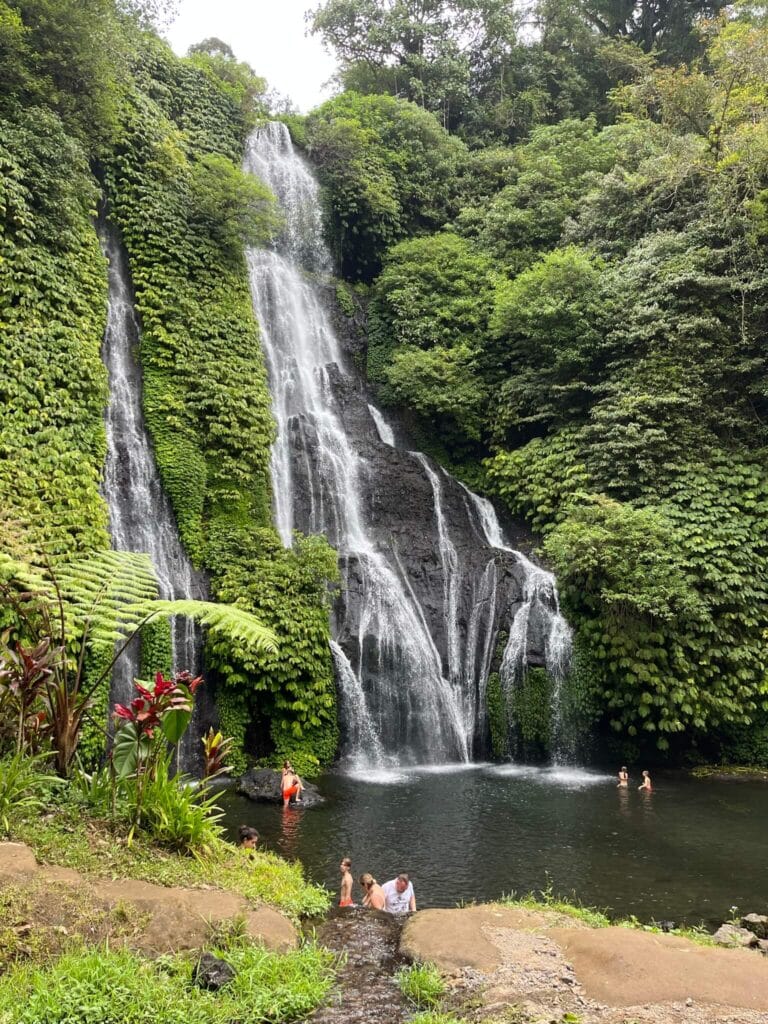 Travelers swimming at Banyumala Twin Waterfalls surrounded by lush jungle in North Bali